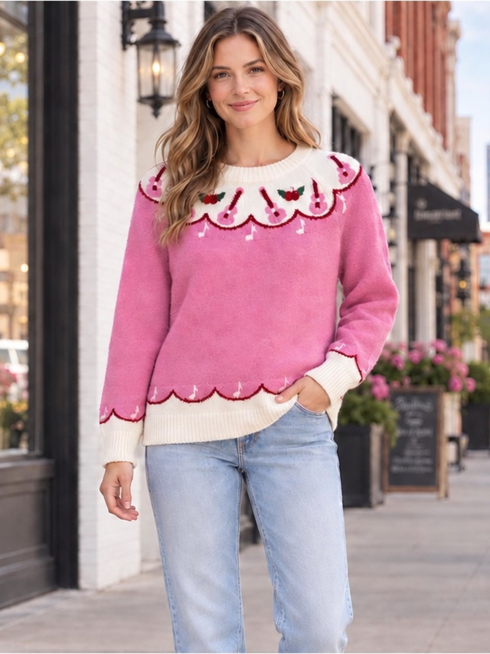 NEW Hallmark x Opry Guitar Fair Isle Pink Red Rose Flower Music Note Sweater